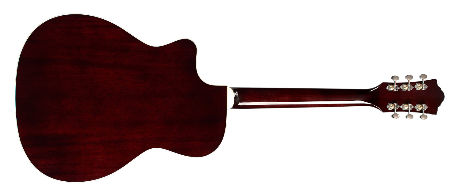 Horizontal back view of OM-140CE Antique Burst Natural acoustic guitar