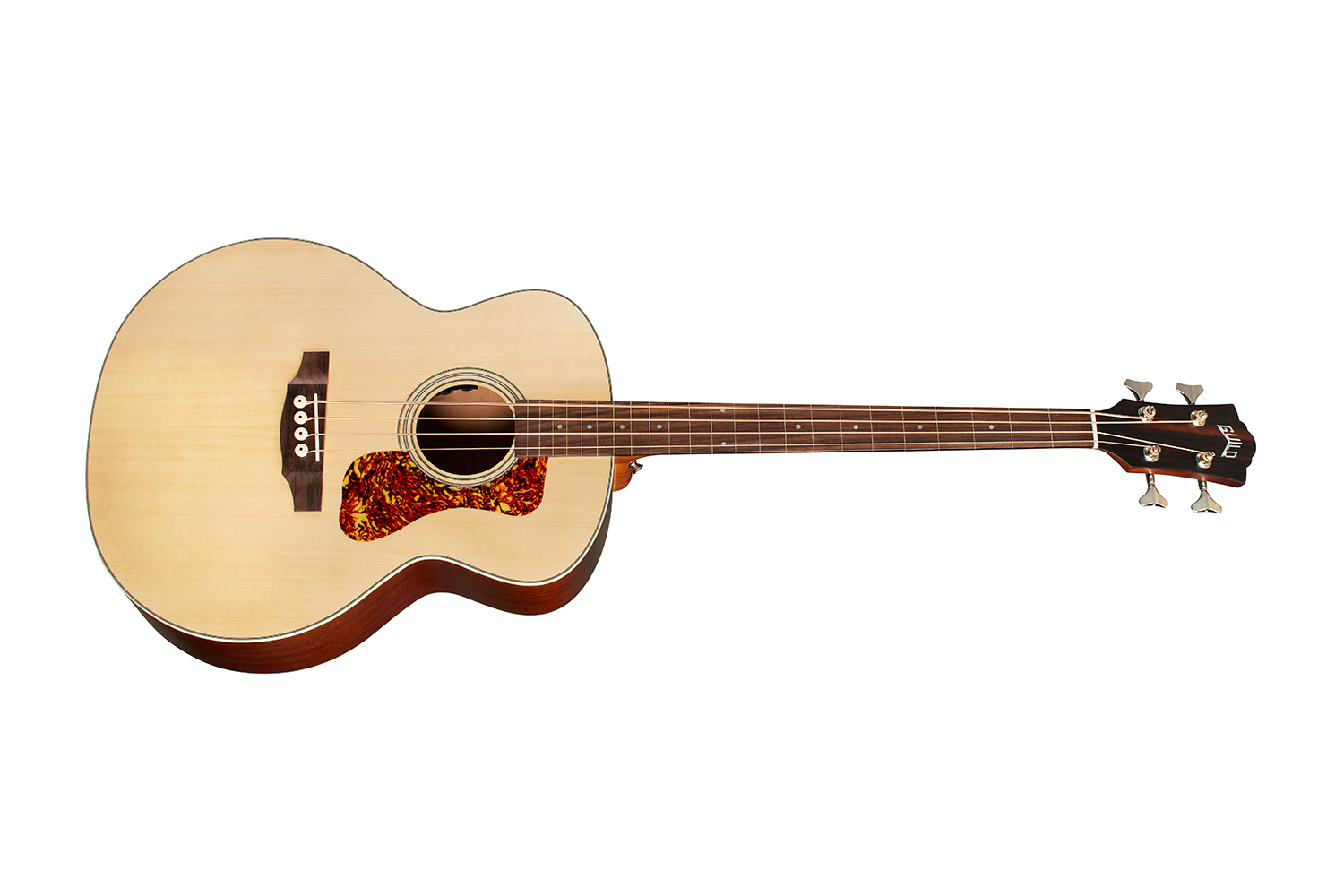 Horizontal side view of B-240E Fretless Natural guitar