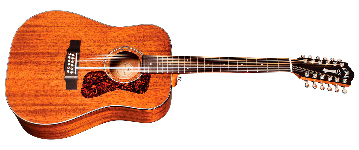 Horizontal side view of D-1212 Natural acoustic guitar