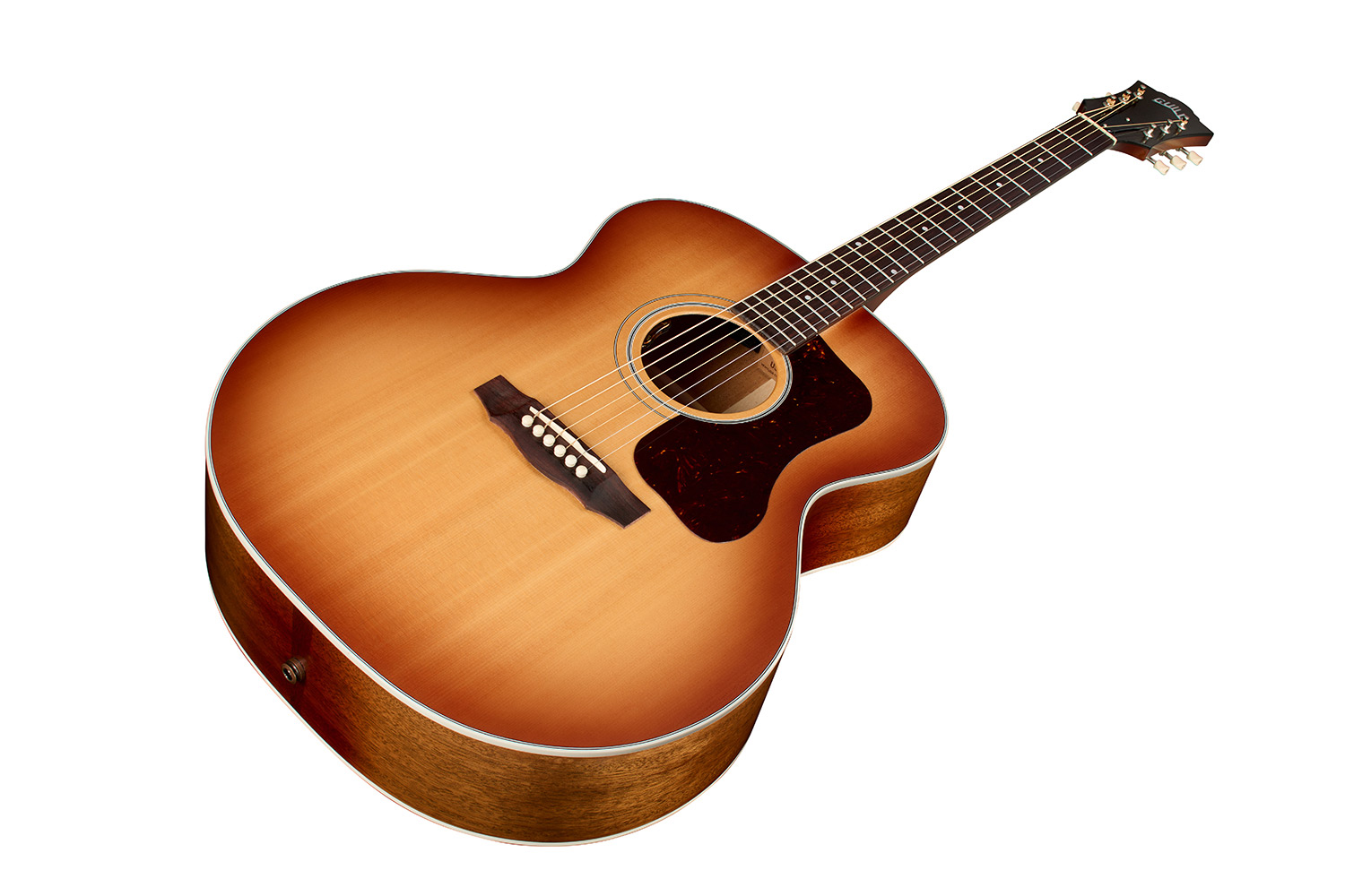 Horizontal angled front view of F-40E Standard Pacific Sunset Burst acoustic guitar