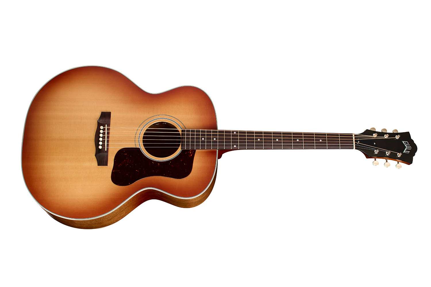 Horizontal side view of F-40E Standard Pacific Sunset Burst acoustic guitar