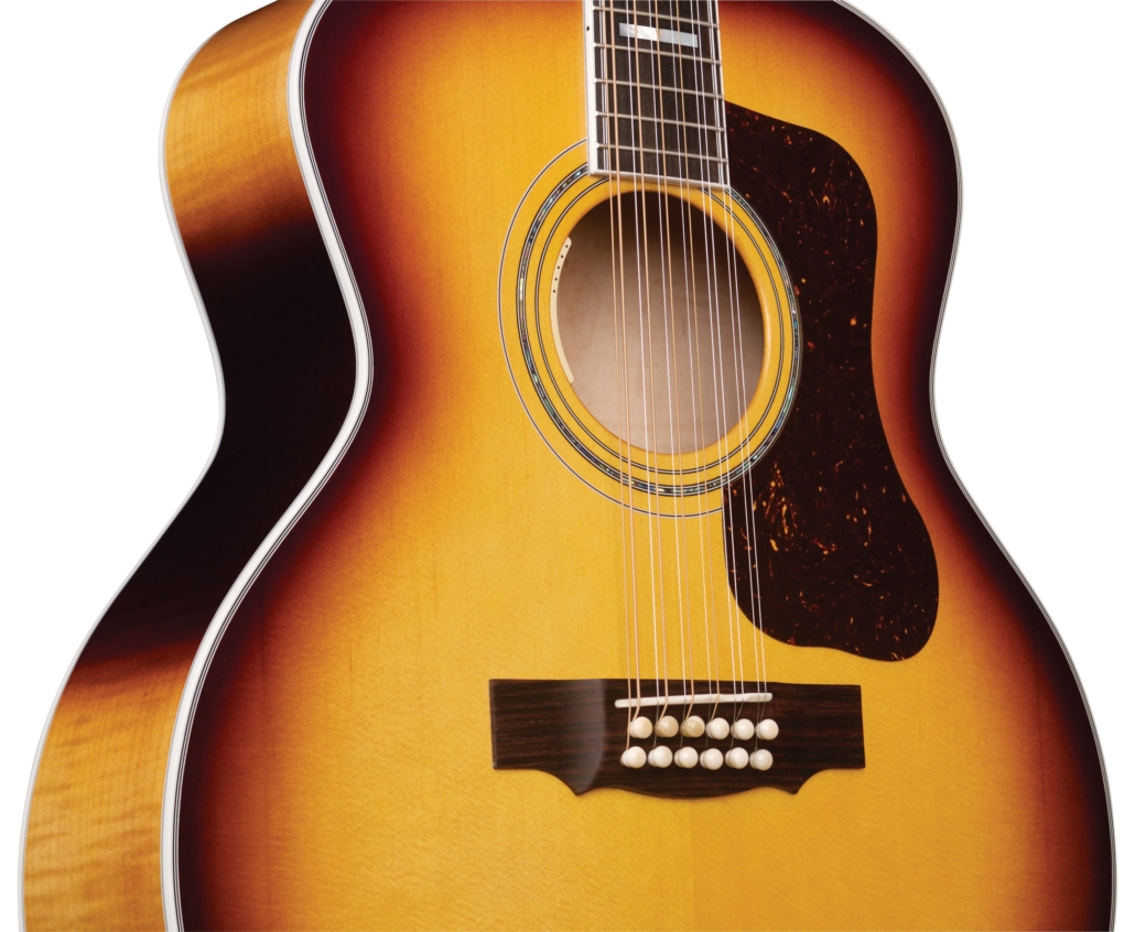 Close up body front view of F-512E Maple Antique Burst guitar