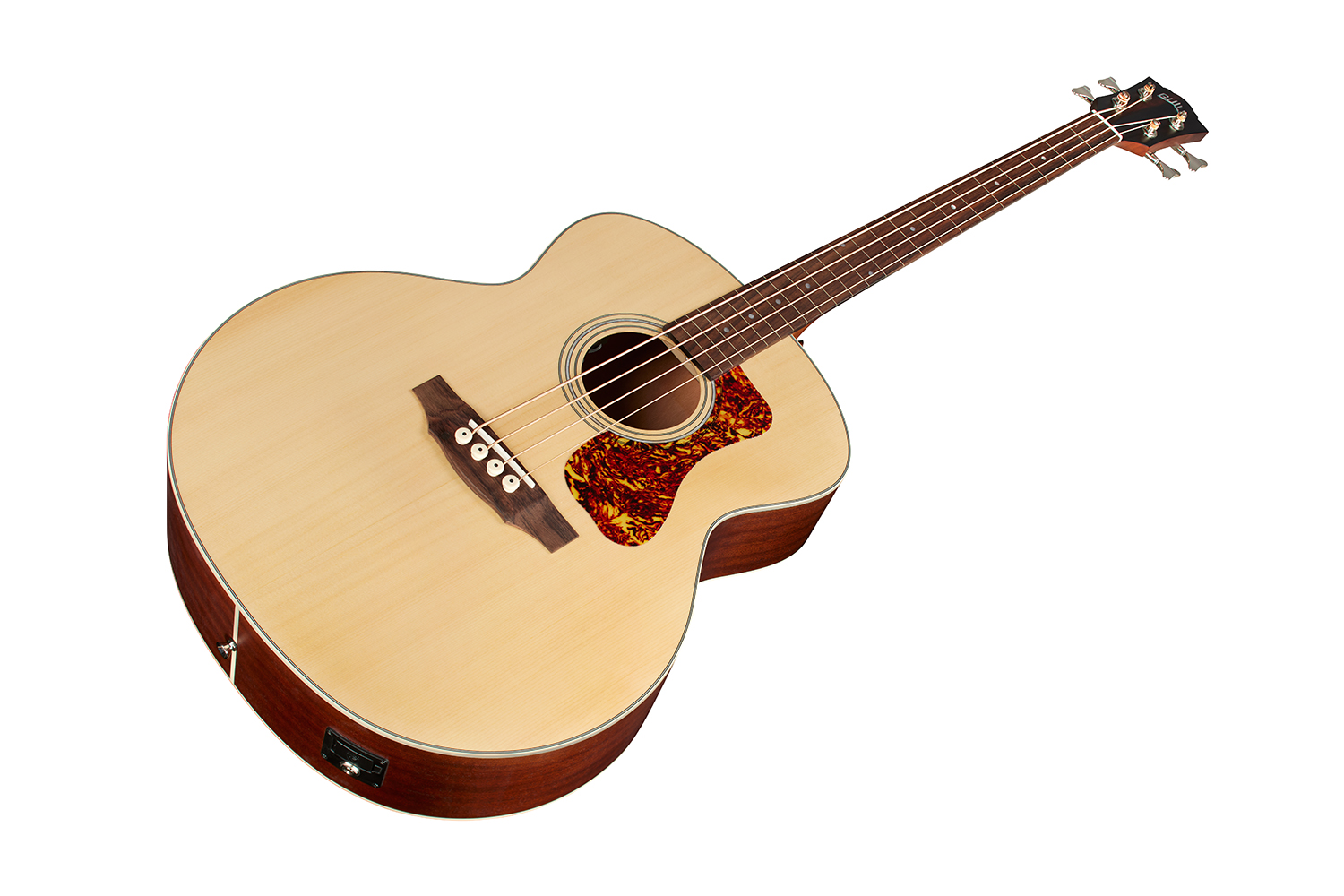 Horizontal front angle view of B-240E Fretless Natural guitar