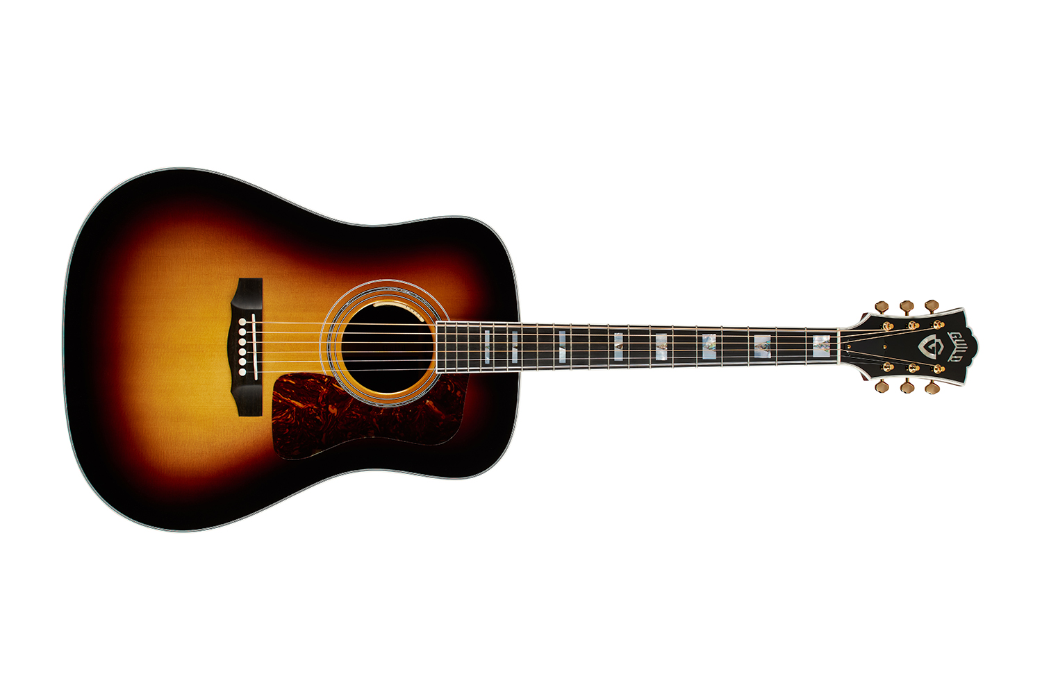 Horizontal front view of D-55E Antique Burst acoustic guitar