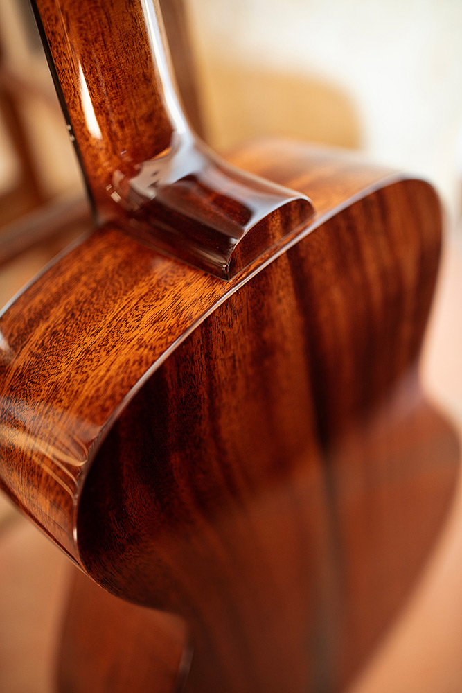 Close up M-120 body back featuring Solid African Mahogany back and sides