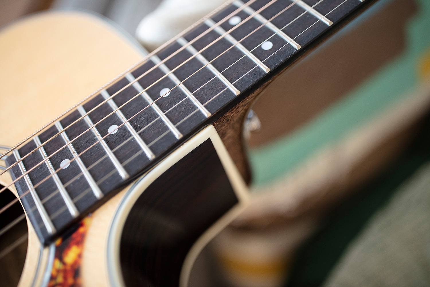 Close up of OM-150CE Natural neck and strings