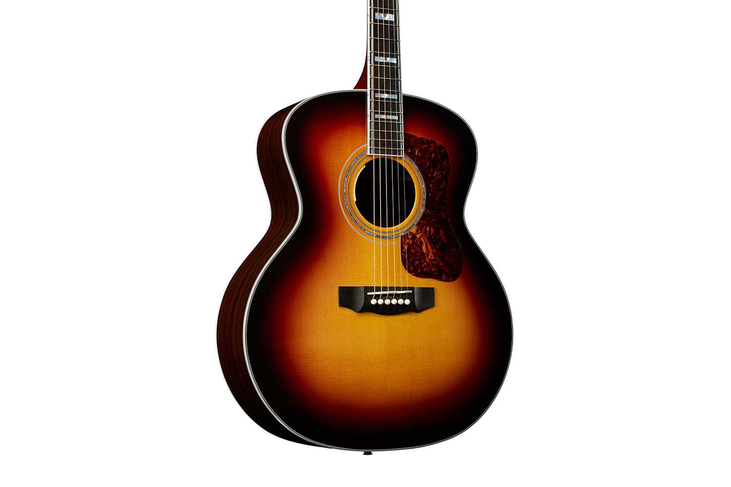 Horizontal body close-up view of F-55E Antique Burst acoustic guitar