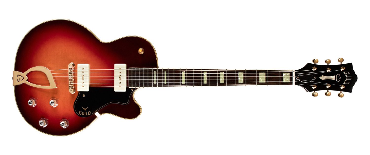 Horizontal front view of M-75 Aristocrat Antique Sunburst guitar