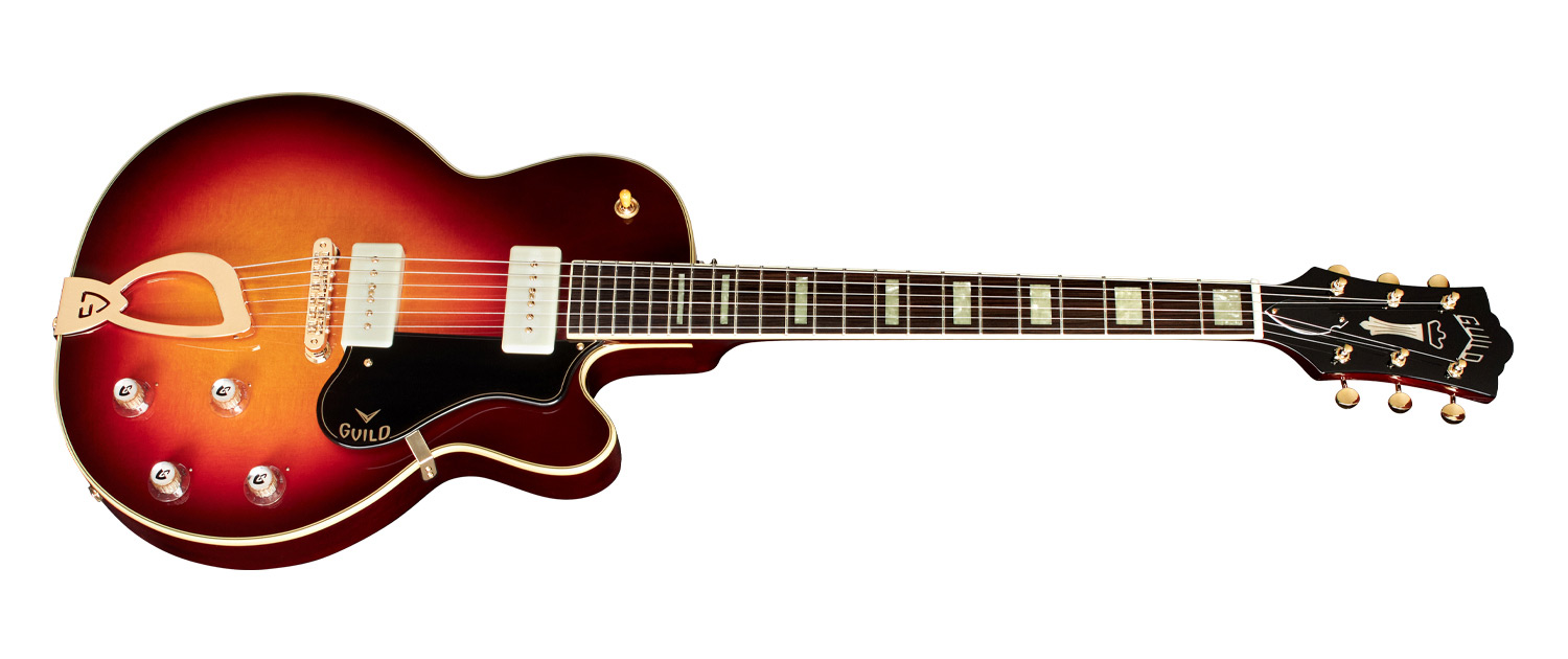 Horizontal side view of M-75 Aristocrat Antique Sunburst guitar