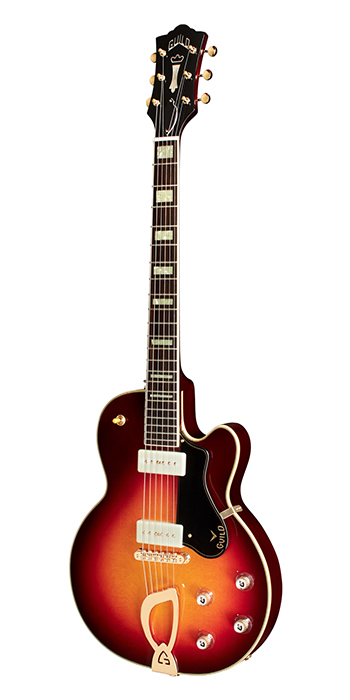 Vertical view of M-75 Antique Burst electric guitar
