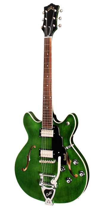 Vertical view of Starfire I DC Emerald Green electric guitar