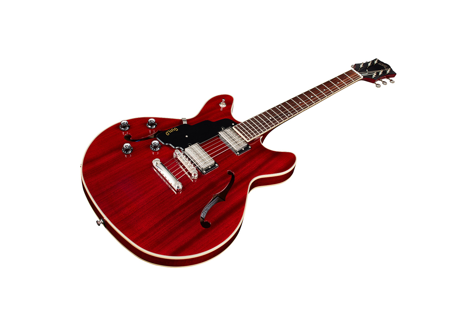 Horizontal front angle view of Starfire I DC Cherry Red Left Handed  guitar