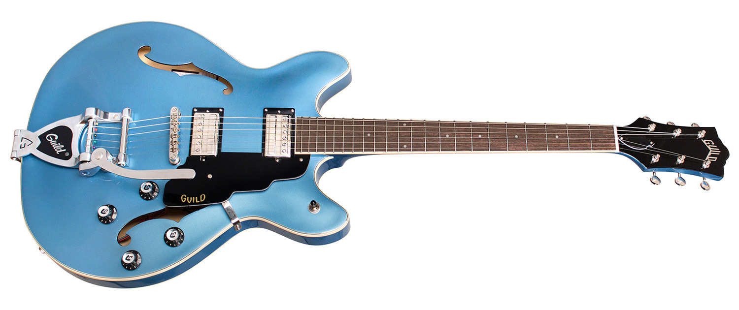 Horizontal side view of Starfire I DC Pelham Blue guitar