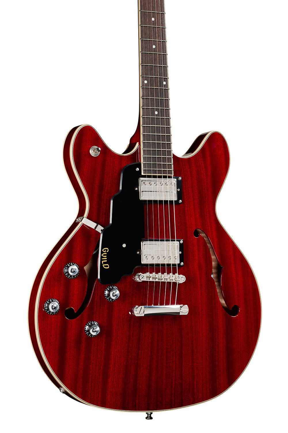 Horizontal body close-up view of Starfire I DC Cherry Red Left Handed guitar