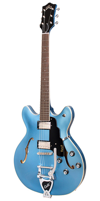 Vertical view of Starfire I DC Pelham Blue electric guitar