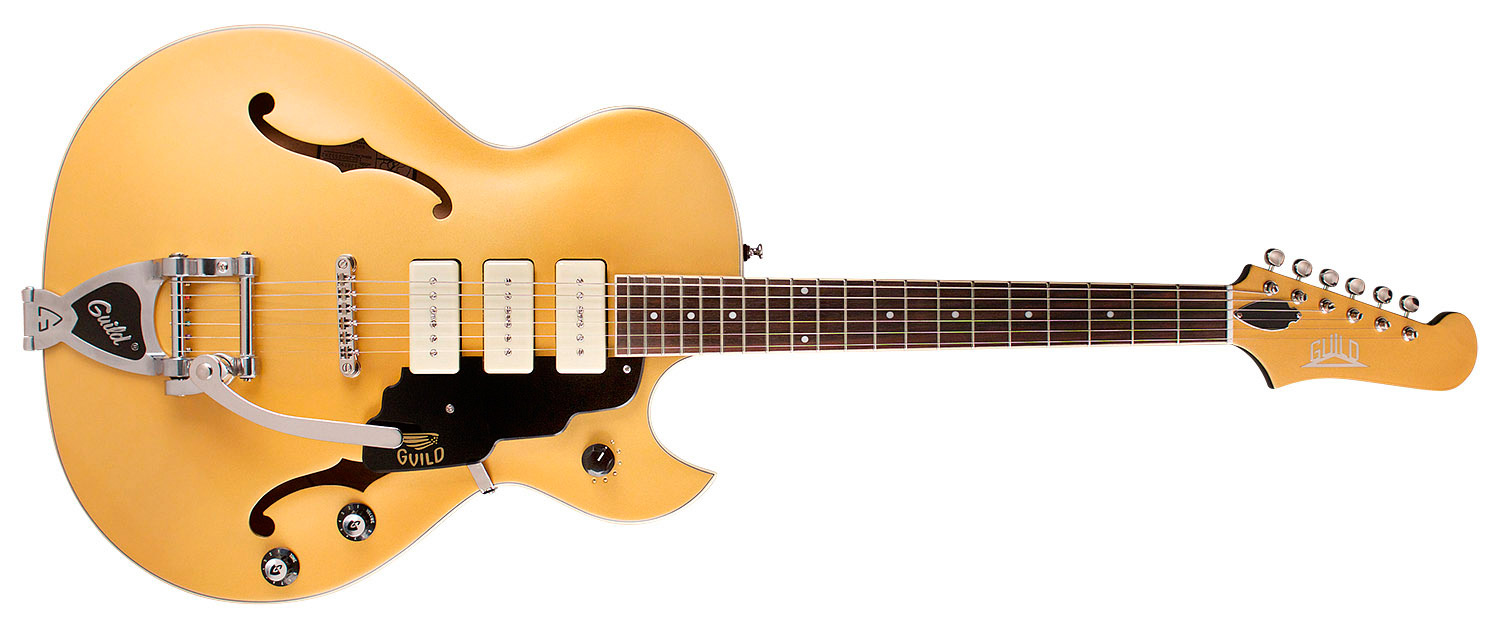 Horizontal front view of Starfire I Jet90 Satin Gold guitar