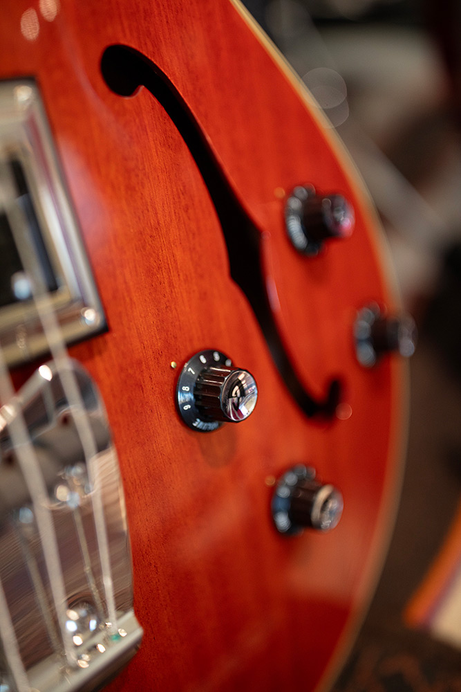 Close-up of Starfire II bass f hole and knobs