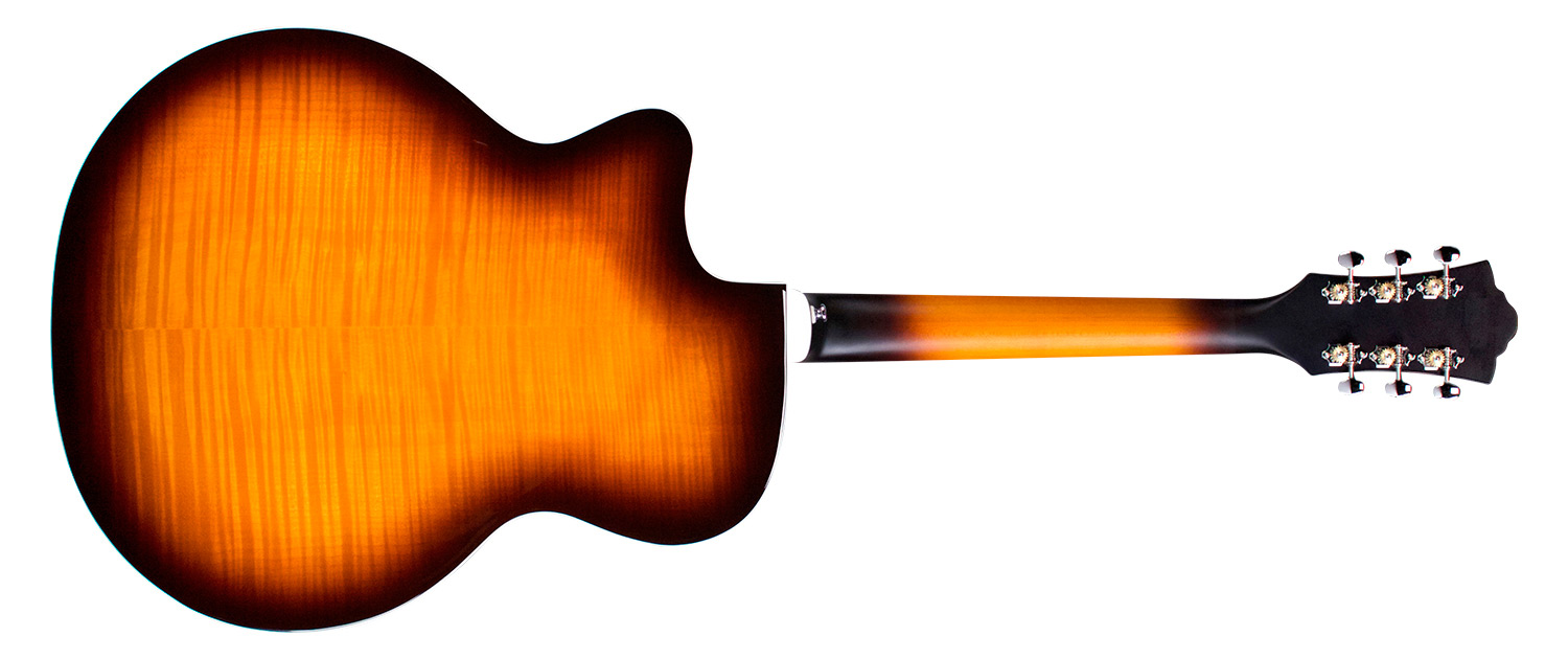 Horizontal back view of F-250CE Deluxe Archback Antique Burst guitar