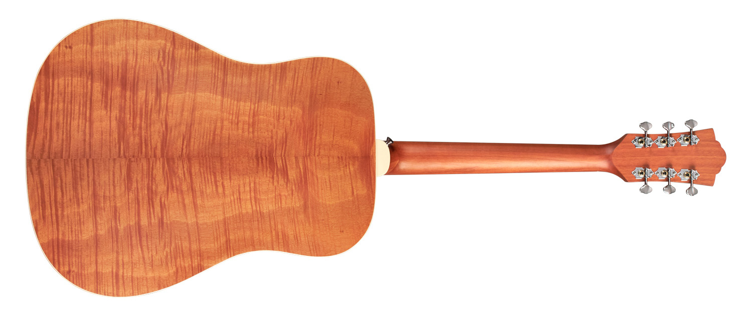 Horizontal back view of D-240E Limited Flame Mahogany acoustic guitar