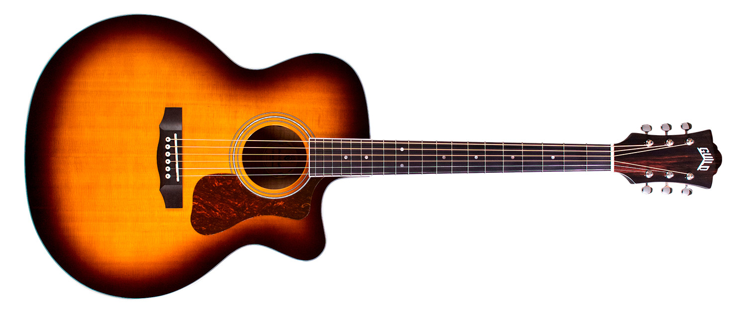 Horizontal front view of F-250CE Deluxe Archback Antique Burst guitar