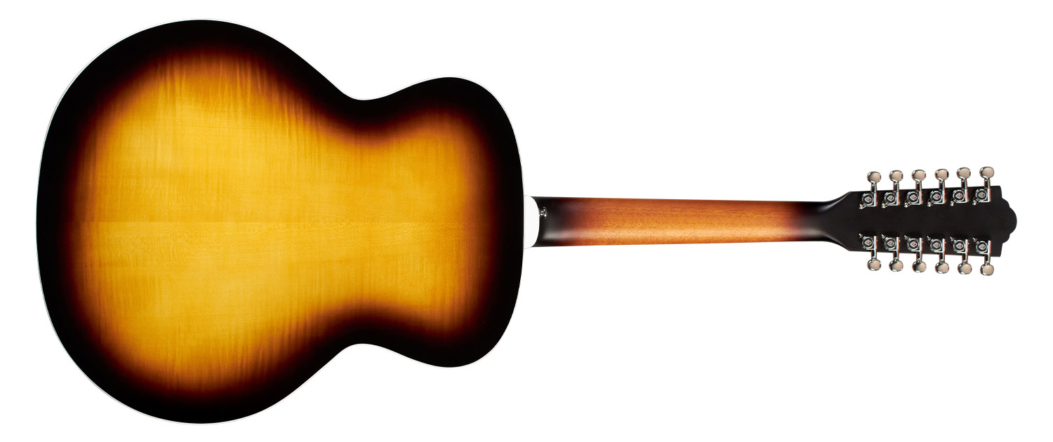 Horizontal back view of F-2512E Deluxe Antique Burst guitar