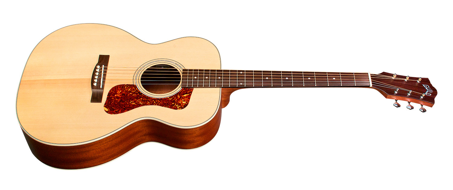 Horizontal side view of OM-240E Natural guitar
