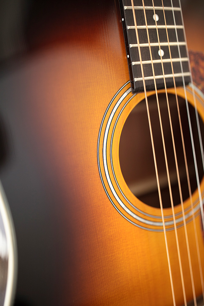 Close up of D-140 Antique Burst soundhole