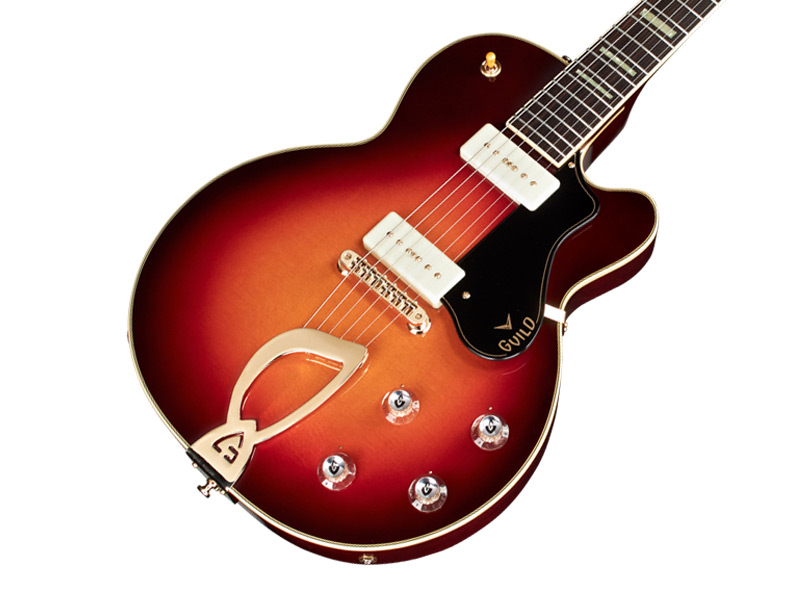 Horizontal body close-up view of M-75 Aristocrat Antique Sunburst guitar