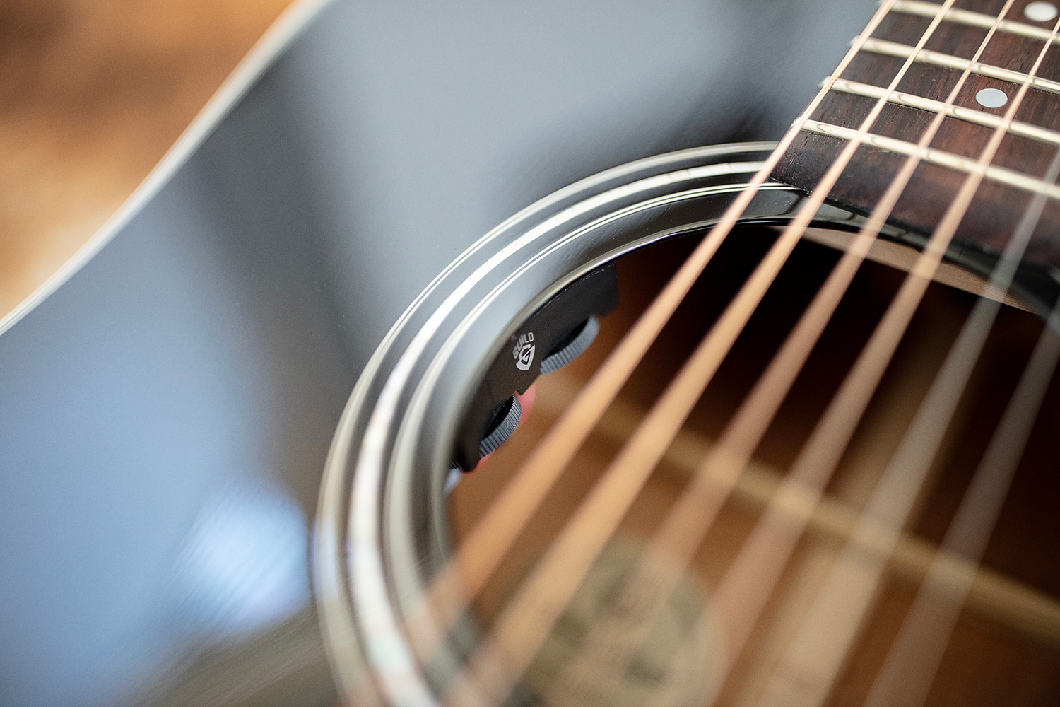 Close up of D-140CE soundhole with electronics