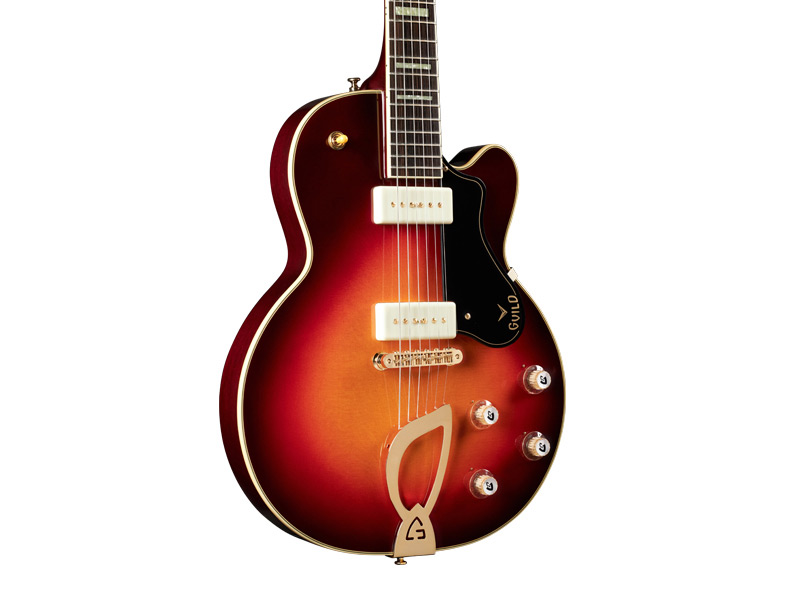 Horizontal front angle view of M-75 Aristocrat Antique Sunburst guitar