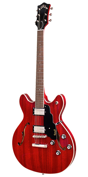 Vertical view of Starfire I DC Cherry Red electric guitar