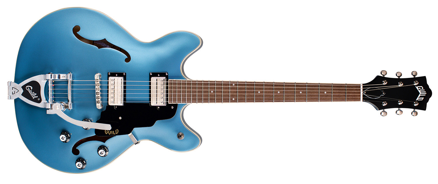 Horizontal front view of Starfire I DC Pelham Blue guitar