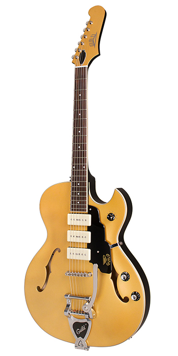 Vertical view of Starfire I Jet90 Satin Gold guitar