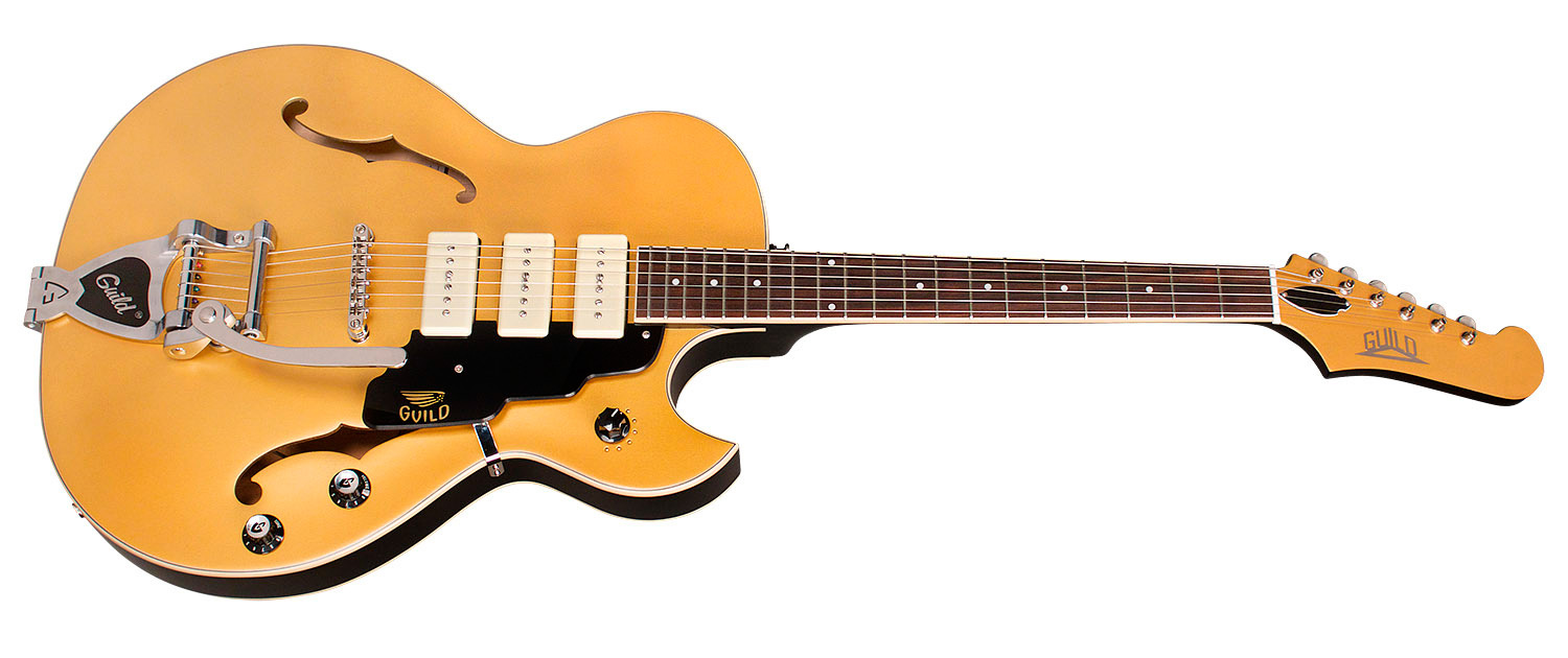Horizontal side view of Starfire I Jet90 Satin Gold  guitar