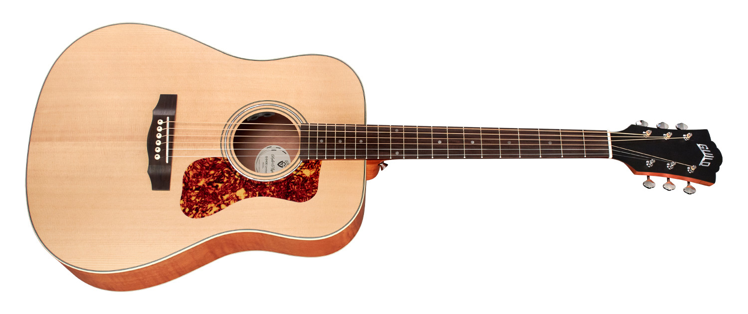 Horizontal side view of D-240E Limited Flame Mahogany acoustic guitar