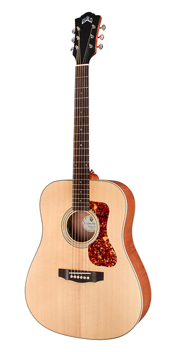Vertical view of D-240E Limited Flame Mahogany acoustic guitar