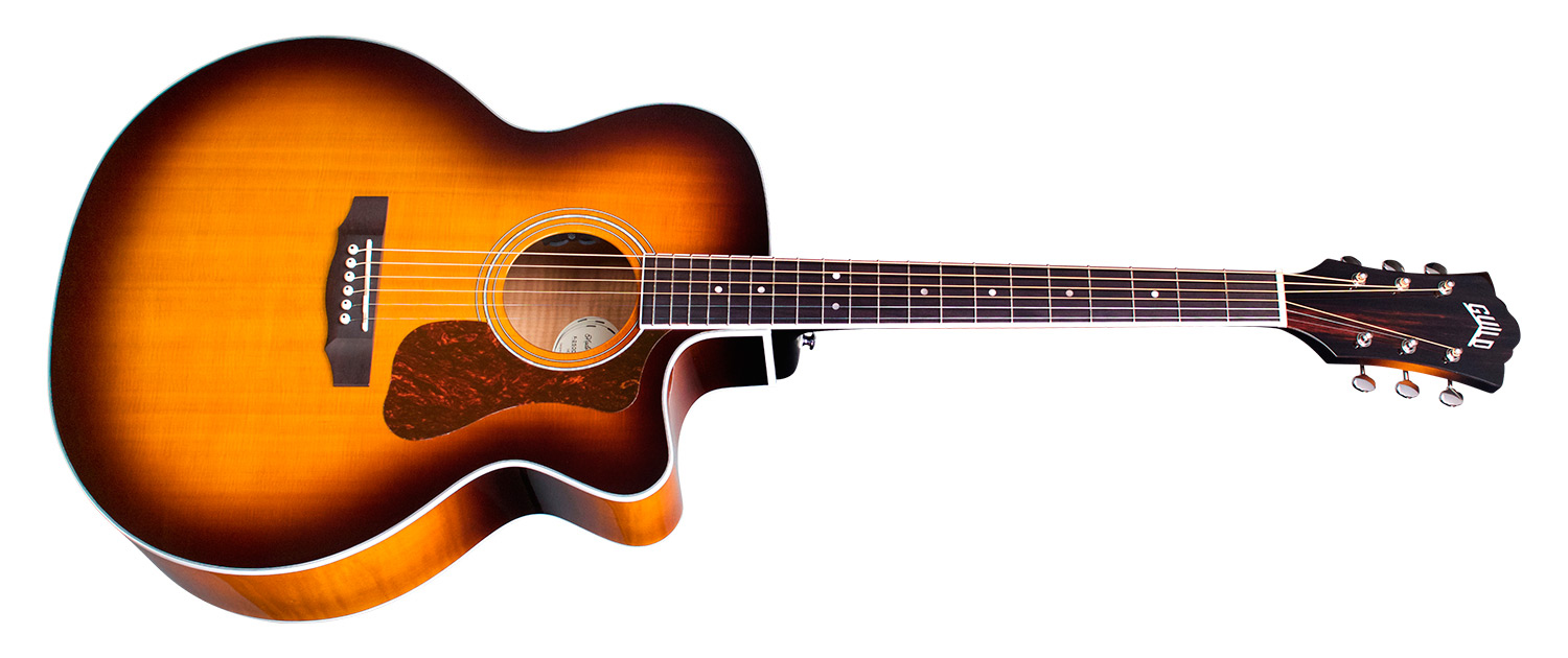 Horizontal side view of F-250CE Deluxe Archback Antique Burst guitar