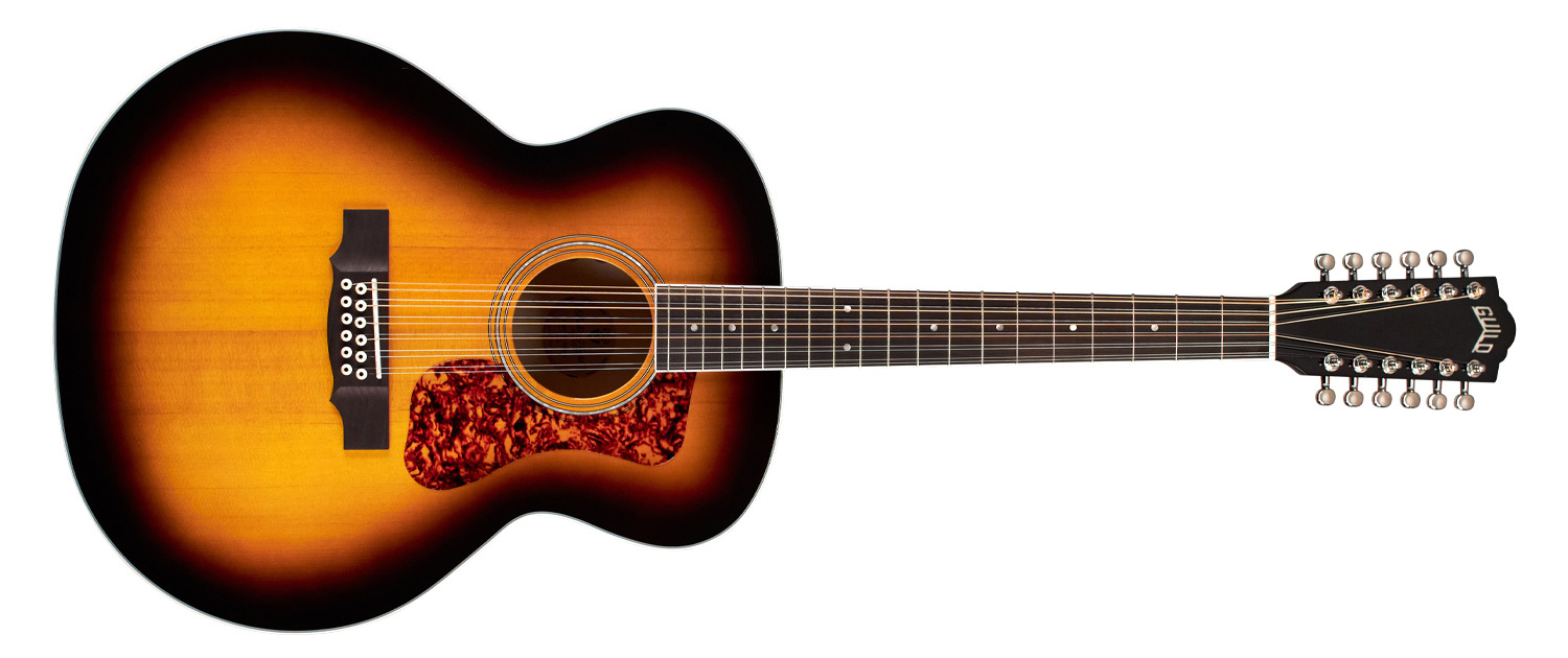 Horizontal front view of F-2512E Deluxe Antique Burst guitar