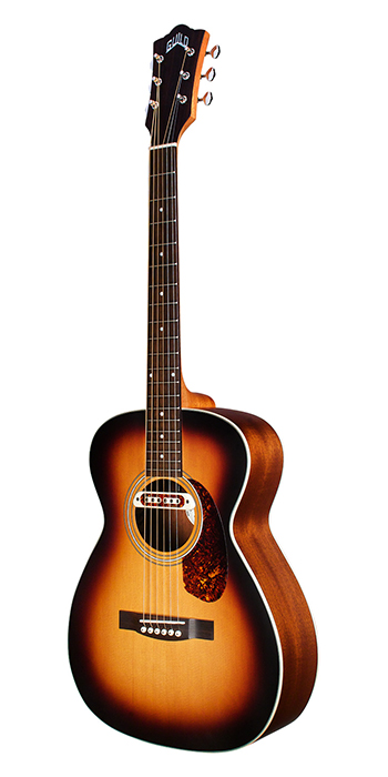 Vertical view of M-240E Troubadour Vintage Sunburst acoustic guitar