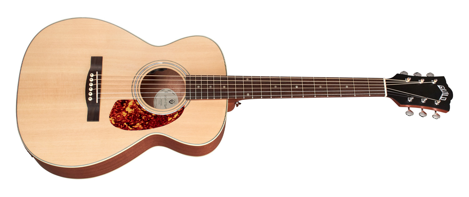 Horizontal side view of M-240E Natural guitar
