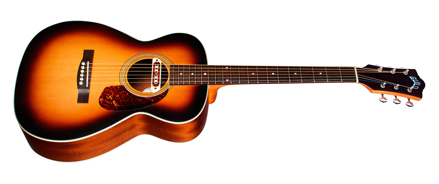 Horizontal side view of M-240E Troubadour Vintage Sunburst guitar