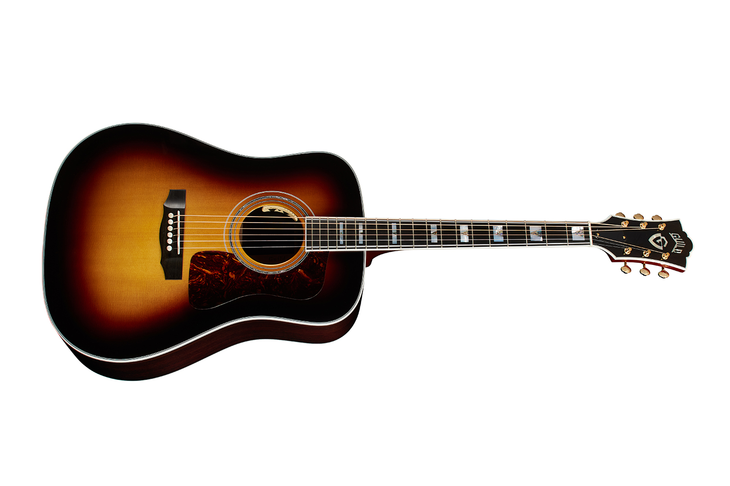Horizontal side view of D-55E Antique Burst acoustic guitar
