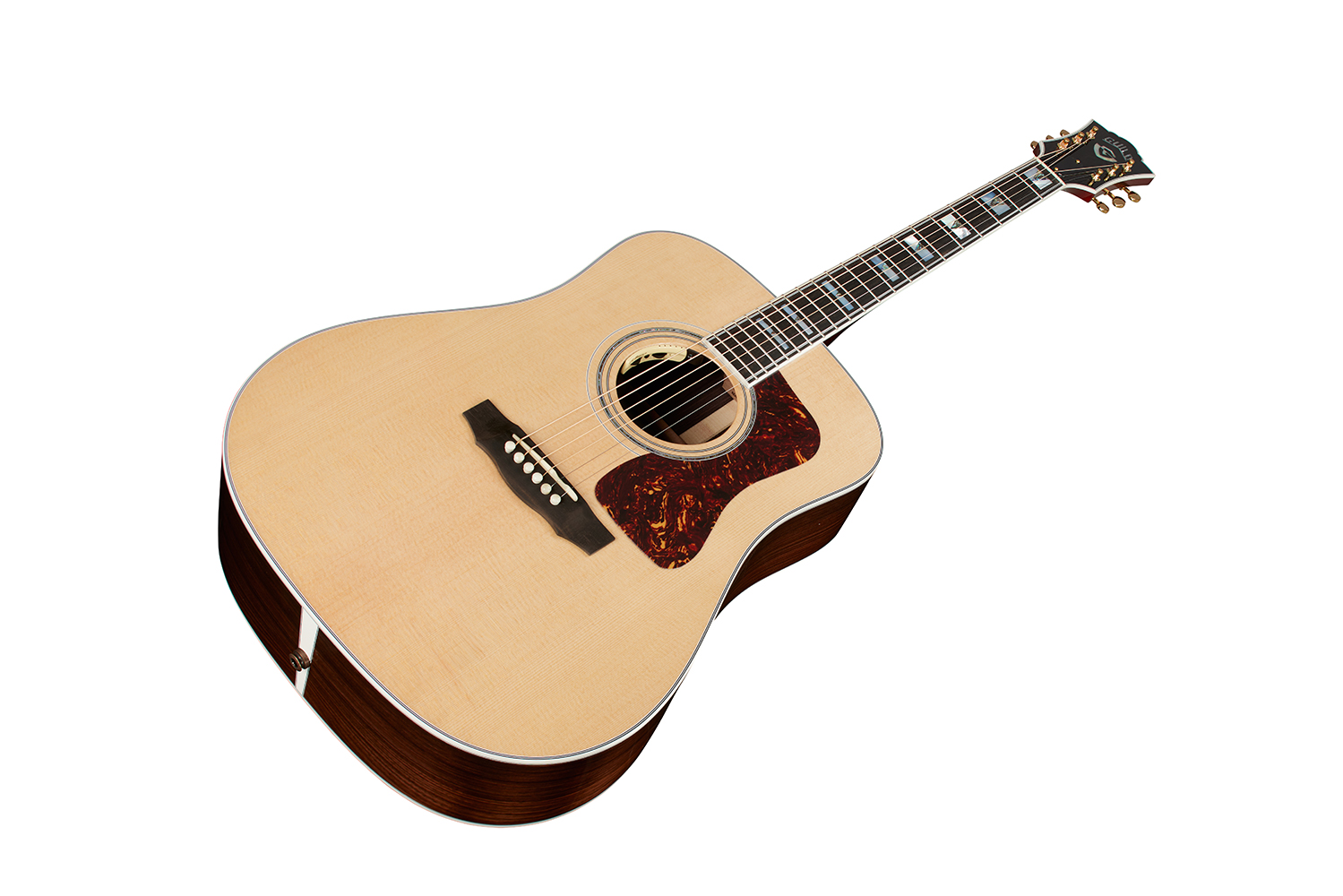 Horizontal front angle view of D-55E Natural guitar