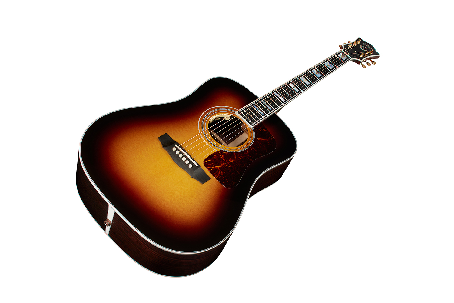 Horizontal front angle view of D-55E Antique Burst acoustic guitar