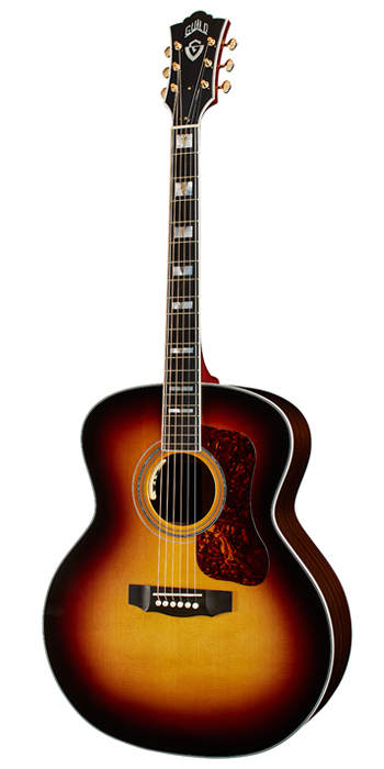 Vertical view of F-55E Antique Burst guitar