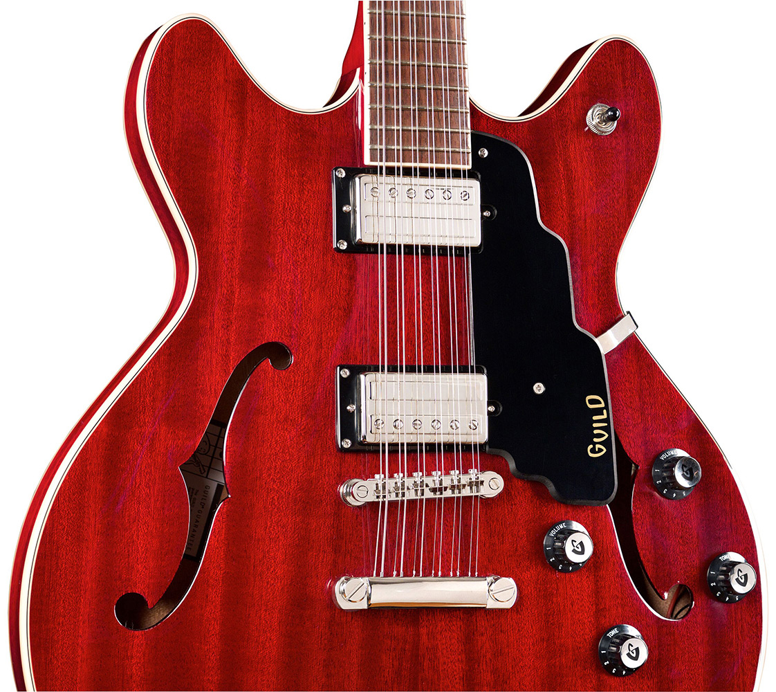 Close up front body view of Starfire I-12 Cherry Red guitar