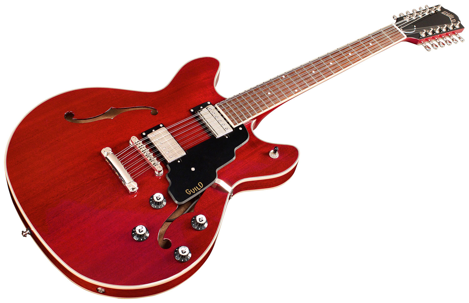 Angled front view of Starfire I-12 Cherry Red guitar