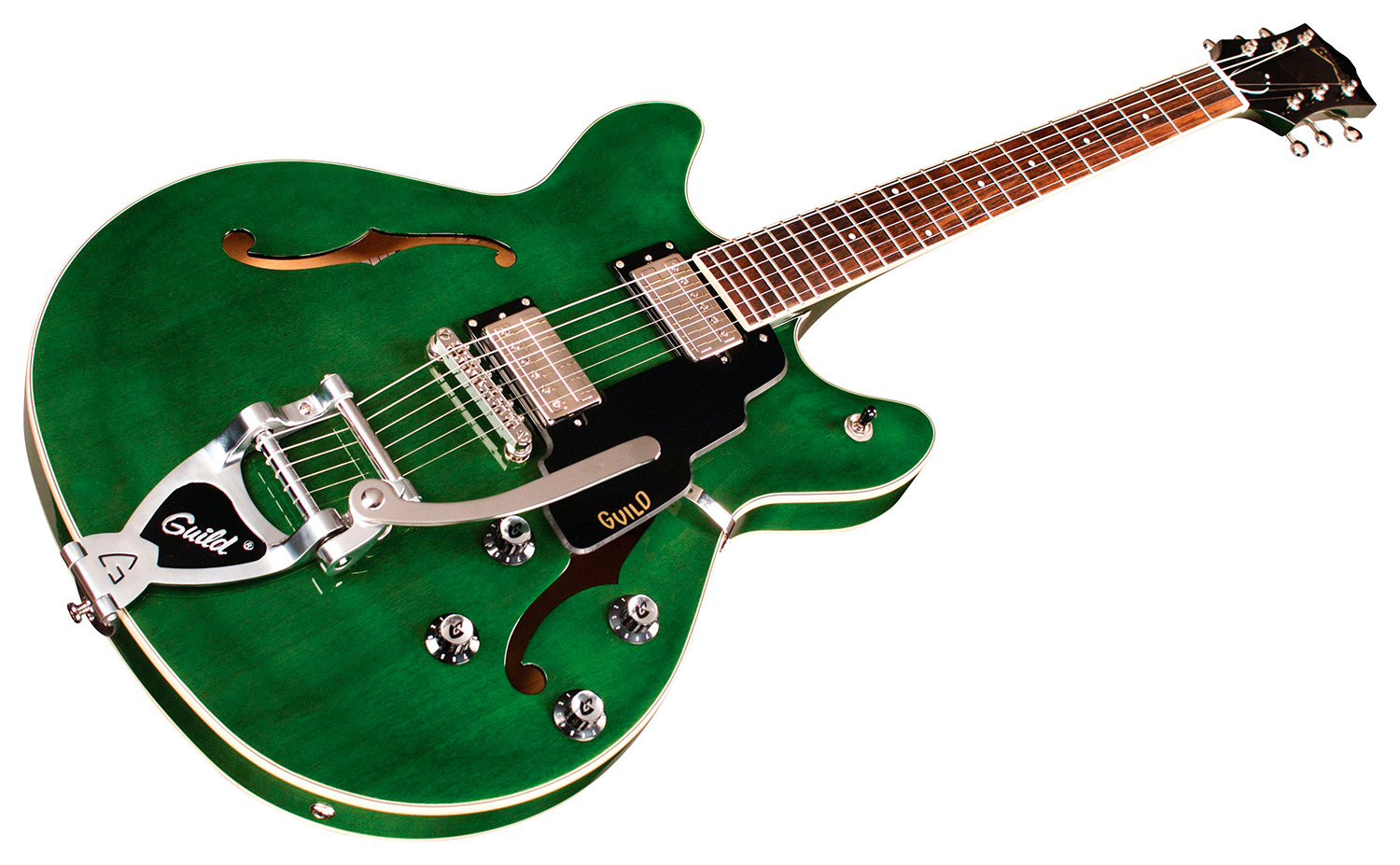 Horizontal front angle view of Starfire I DC Emerald Green guitar