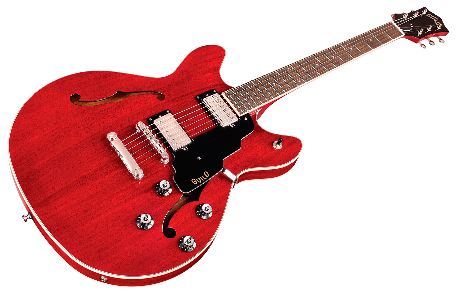 Horizontal front angle view of Starfire I DC Cherry Red guitar