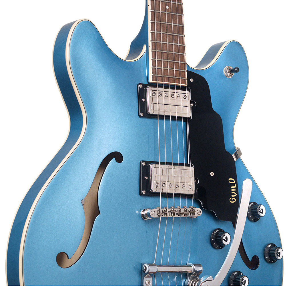 Close up front body view of Starfire I DC Pelham Blue guitar